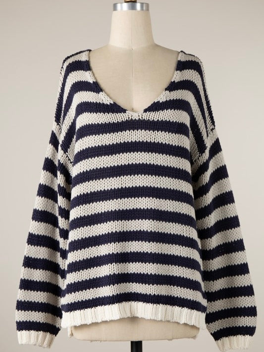 Denim Striped Cable Knit Sweater