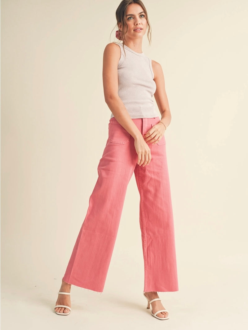 FINAL SALE Straight Wide Leg Pants with Front Pocket in Rasberry
