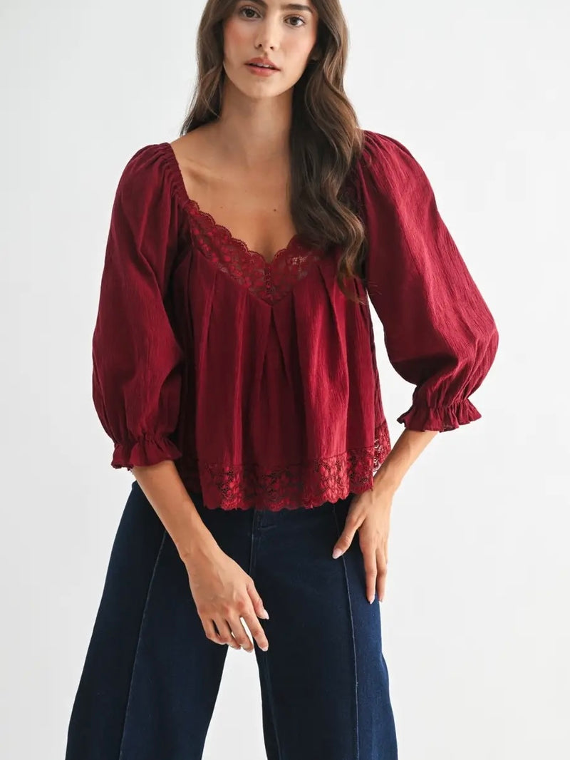 Lace-Trim Puff Sleeve Top