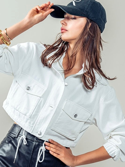 Cropped White Denim Jacket