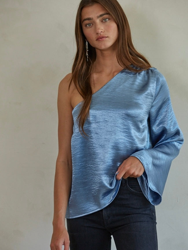 Cecily Blue Silk One Shoulder Top