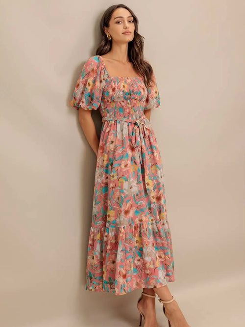 Sunset Floral Puff Sleeve Dress