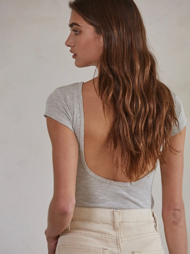 Open Back Scoop Neck Bodysuit Grey