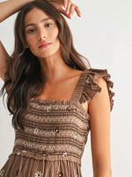 Smocked Mocha Embroidered Maxi Dress