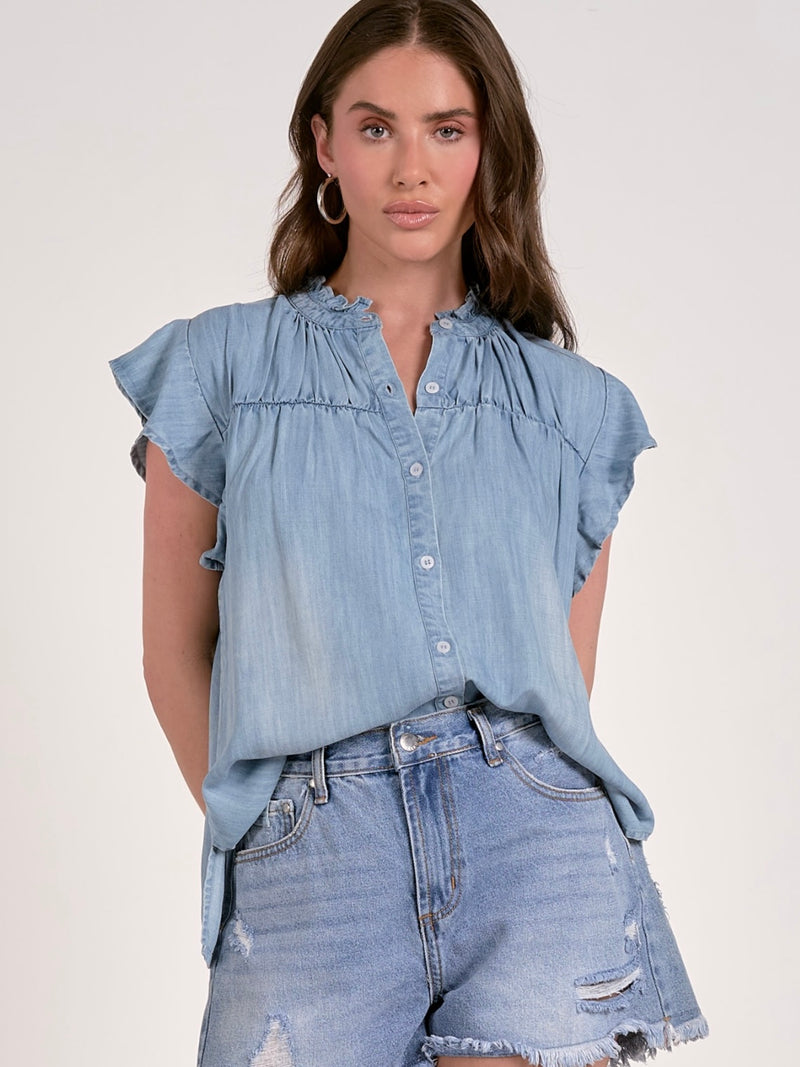 Cap Sleeve Button Down in Denim
