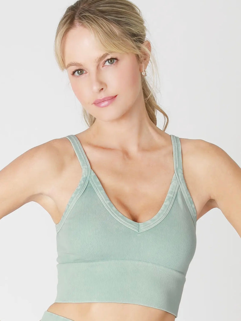 Rita Ribbed V-Neck Crop Top in Vintage Eucalyptus