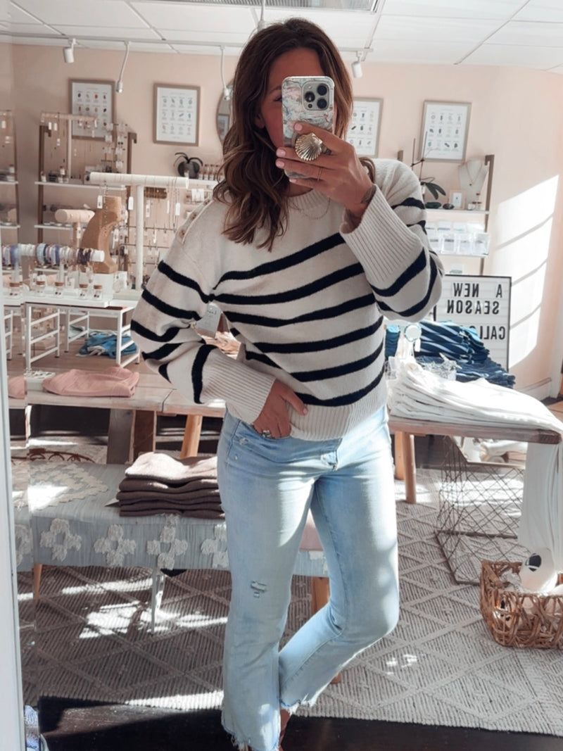 Janessa Side Button Stripe Sweater in Ivory