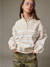 Stripe Collar Half Button Pullover in Taupe/White