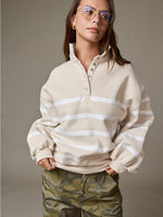 Stripe Collar Half Button Pullover in Taupe/White
