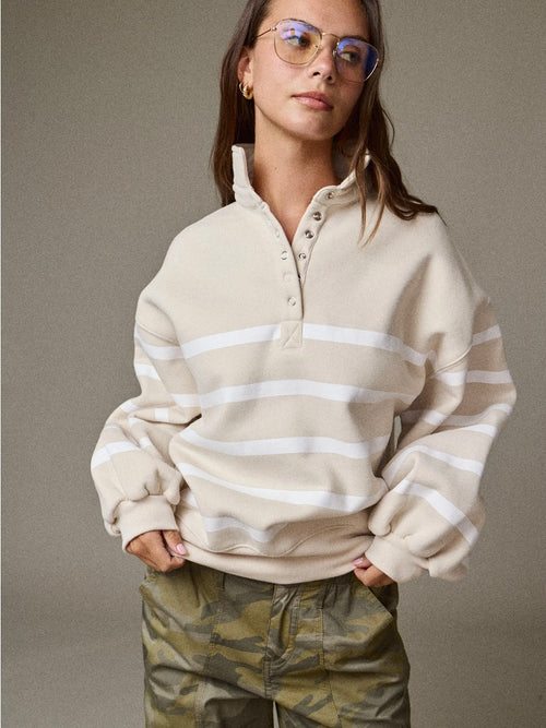 Stripe Collar Half Button Pullover in Taupe/White