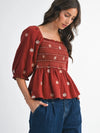 Floral Embroidered Smocked Blouse Top in Dark Rust