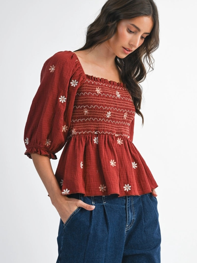 Floral Embroidered Smocked Blouse Top in Dark Rust