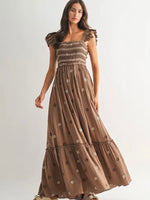 Smocked Mocha Embroidered Maxi Dress
