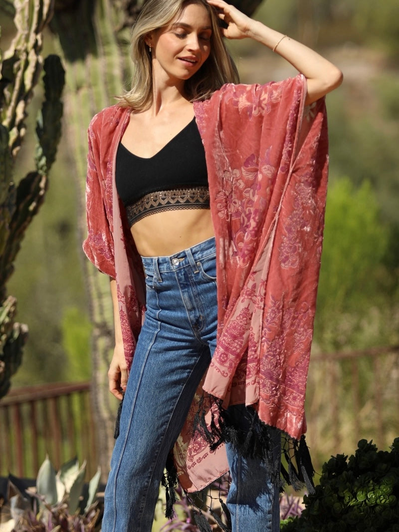 Floral Fringe Velvet Burnout Kimono