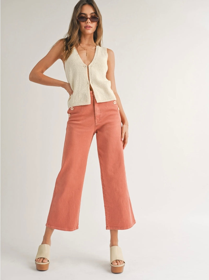 Washed Cotton Detailed Button Pants in Ginger