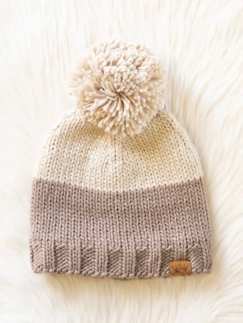 Beige & Taupe Color Block Pom Hat