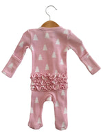 Christmas Trees Organic Waffle Ruffle Zip Footie in Pink