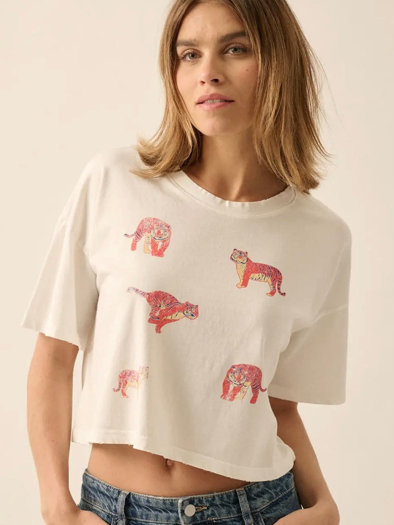 Tiger Distressed Vintage Cropped Graphic Tee in Ivory