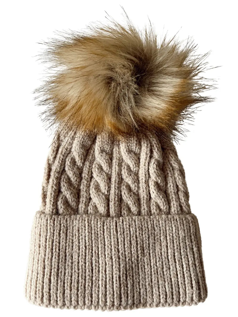 Cable Knit Fur Pom Hat in Oak