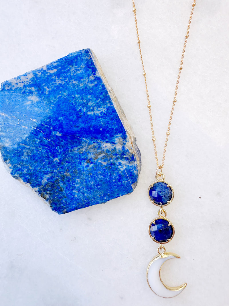 Mother of Pearl Crescent & Lapis YDrop Necklace