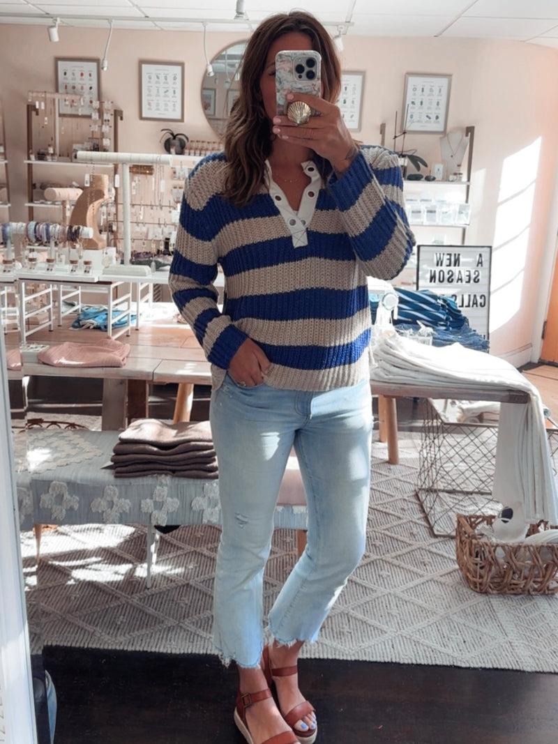 Striped Crochet Sweater in Navy