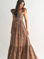 Smocked Mocha Embroidered Maxi Dress