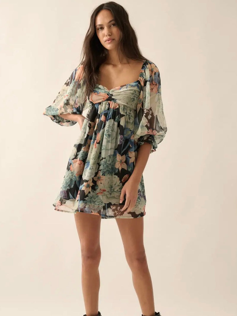 Floral Sweetheart Neck Babydoll Dress in Midnight