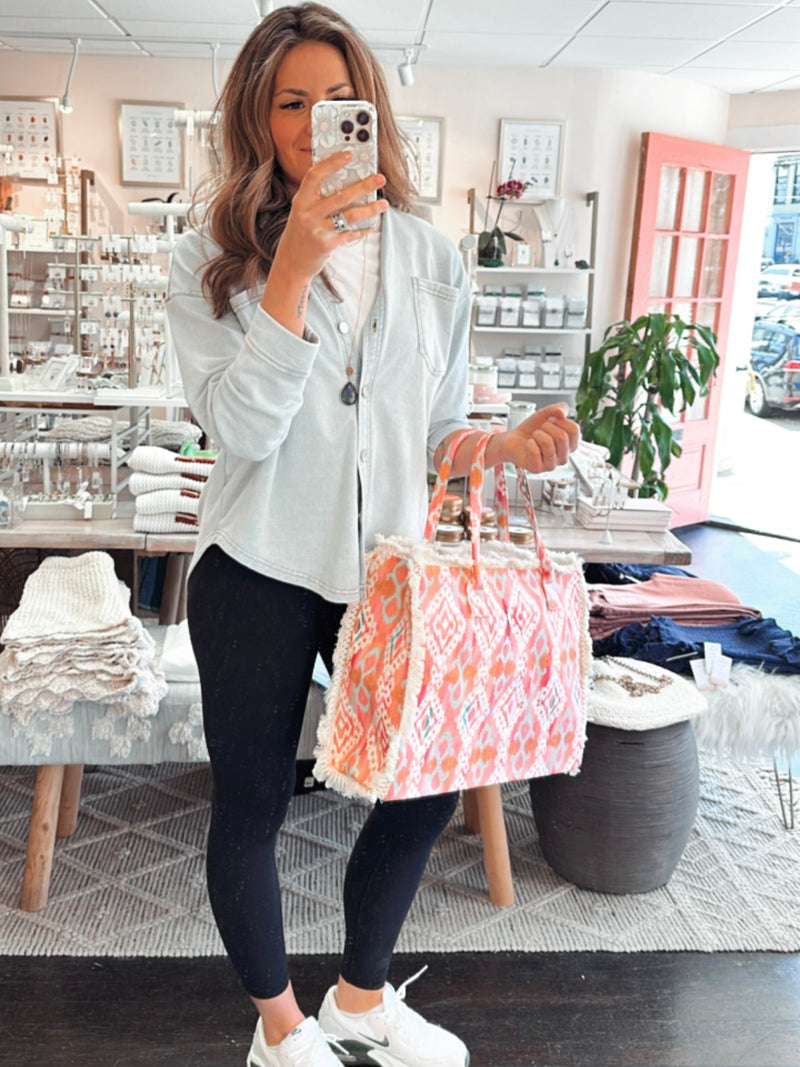 Stella Boho Pattern Fringe Tote Bag in Coral