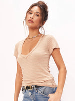 Denise Fitted Striped Rib V Neck Tee in Tan