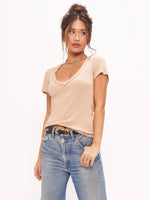 Denise Fitted Striped Rib V Neck Tee in Tan